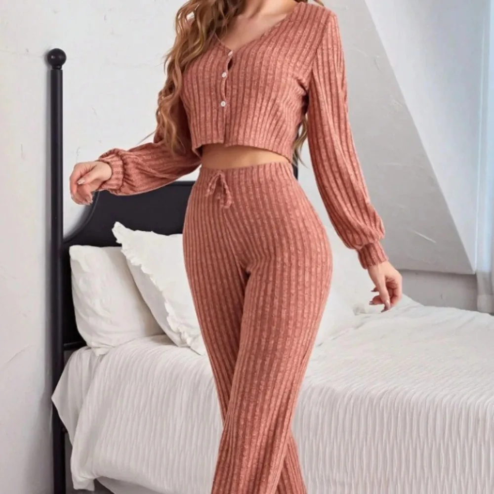 Autumn Winter Women's Pyjamas Solid Colour V-Neck Button Long-Sleeve crop top & long Trousers 2pcs set Brushed Homewear