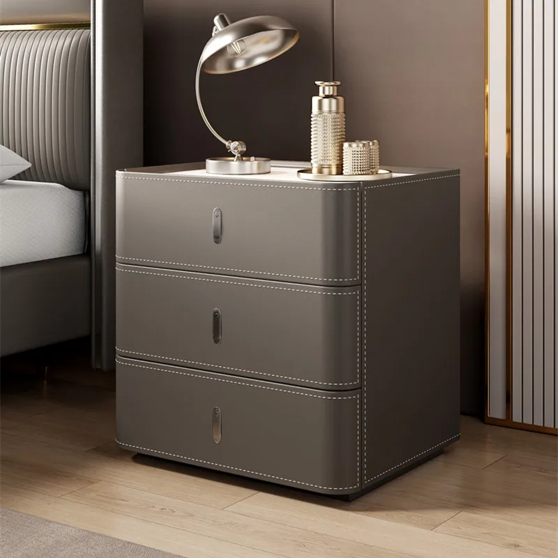 Solid Wood Saddle Leather Light Luxury Nordic Style Bedside Cabinet Storage Drawer Simple Modern Bedroom Nightstands Living Room