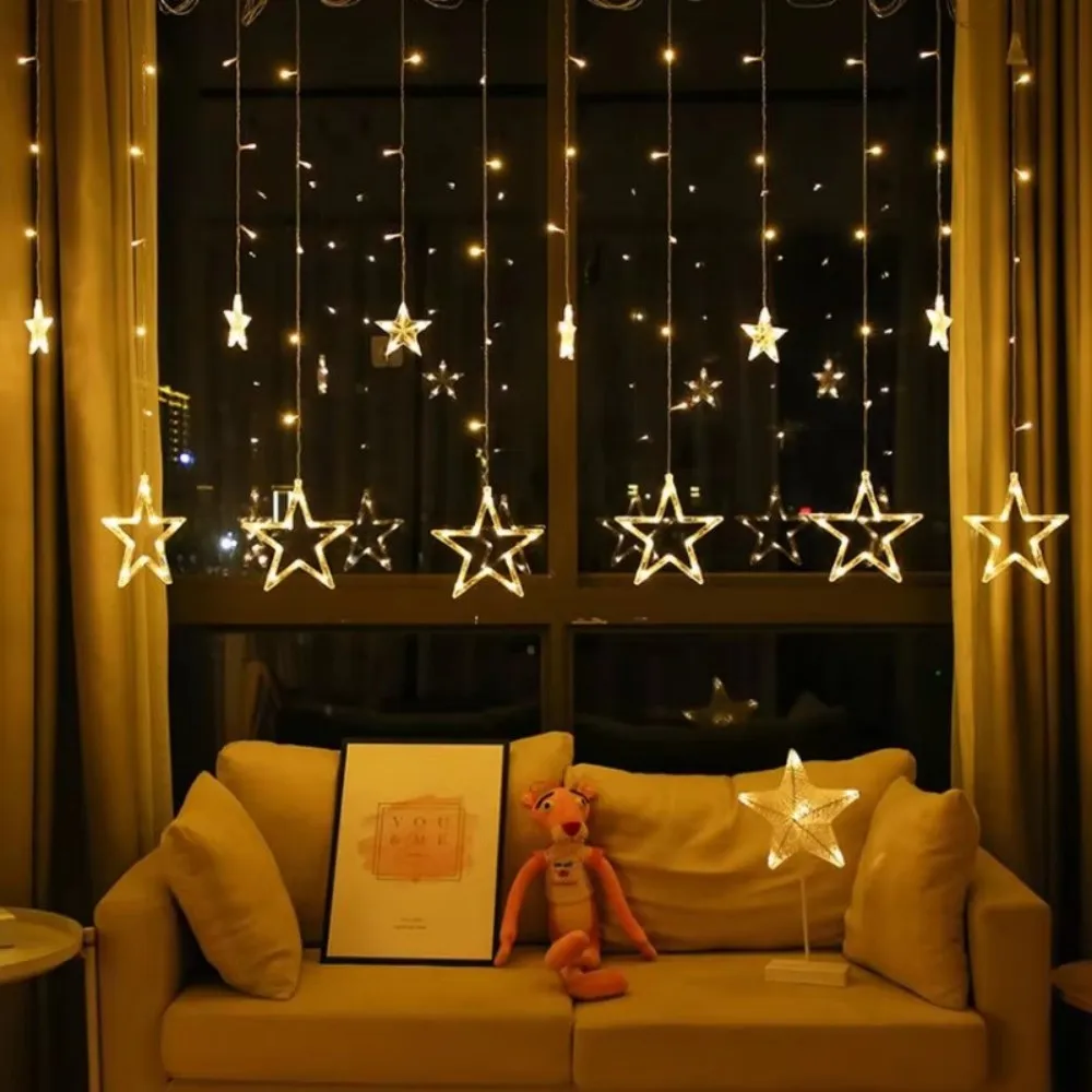 3.5M120LED Battery Powered Christmas Star Shaped Curtain Light,Warm Glow LED Fairy Light String, Holiday Bedroom Home Decoration