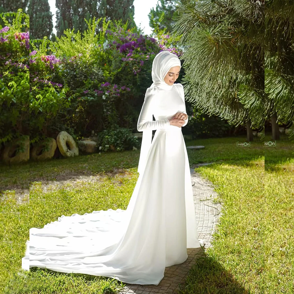 

Elegant Muslim Wedding Dresses with Hijab High Neck Long Sleeve Mermaid Church Garden Bride Dress Button Bridal Gowns Customized