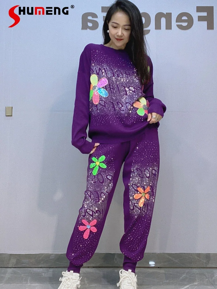 

Women's 2024 Autumn Winter New Fashion Long-sleeve Sequined Flower Tops Trousers Sets Sparkling Diamond Knitwears Two-piece Sets