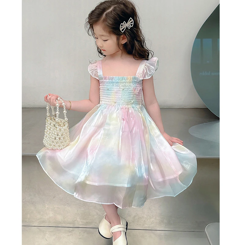 1-8 Years Cute Summer Princess Girls Dress Gradient Rainbow Butterfly Decoration Mesh Dress For Girls Party Prom Gown Clothes