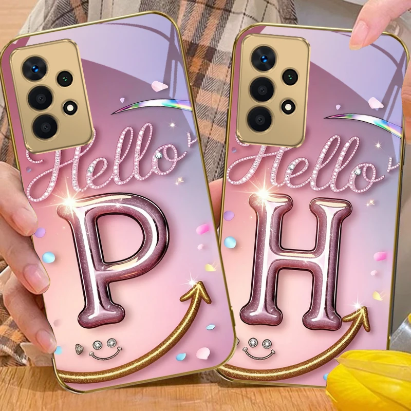 The dreamy letter 'D H' For Samsung A56 A55 A54 A53 A52s A52 A51 A16 A15 A14 A13 A12 A36 A35 A34 A33 32 Golden glass phone case