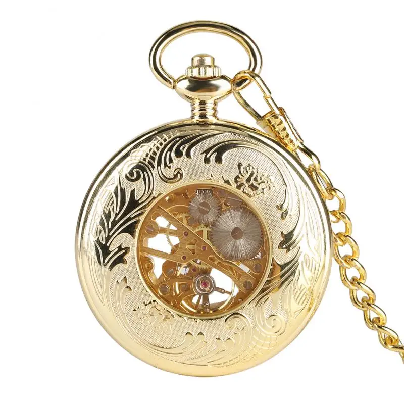 Luxury Yellow Gold Men Women Handwinding Mechanical Pocket Watch Arabic Numer Display Pendant FOB Chain Clock Gift