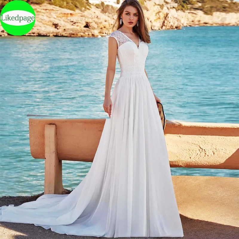 

Hot Elegant Double Lace Sleeveless Beach Wedding Dresses For Women 2024 Chiffon Bride Gowns Sexy V-Neck Vestidos De Novia A-Line