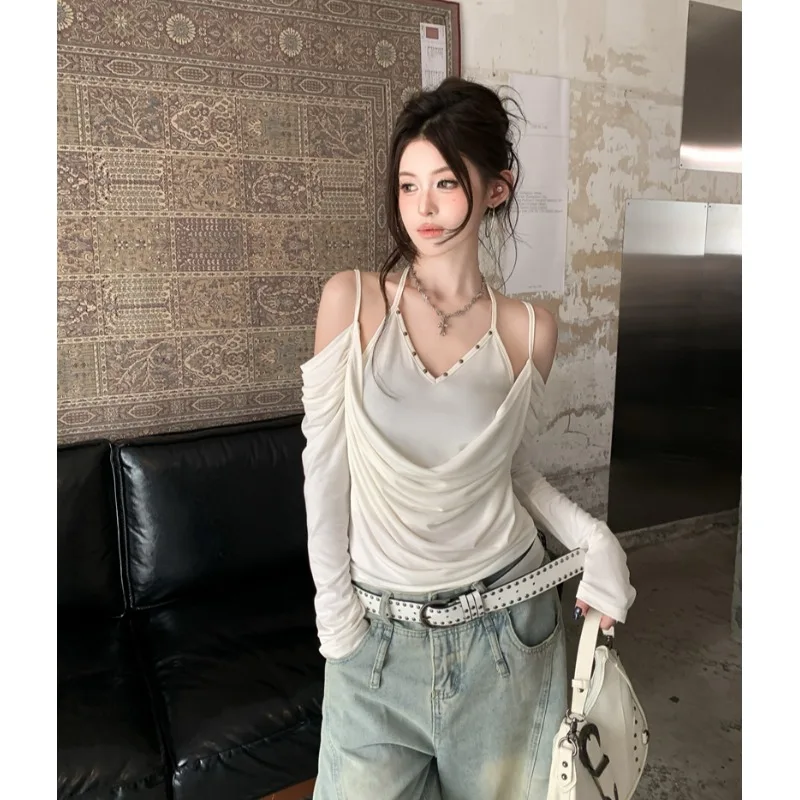 Fall Season Vintage Rivet Neck Hanging Shoulder  Long Sleeve T-Shirt Slim Fit Versatile Top City Walk Ladies Fashion