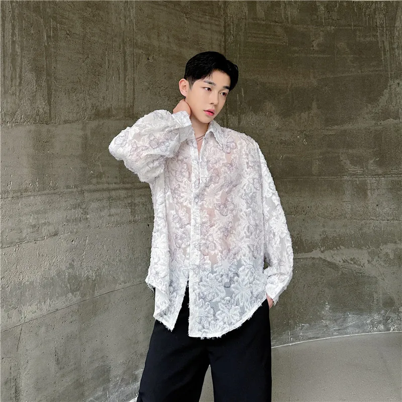 SYUHGFA 2024 Summer Trendy Fashionable Turn Down Collar Shirt Korean Style Personalized Butterfly Embroidery Hollow Out Shirt