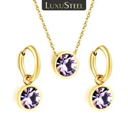 LUXUSTEEL Round Shaped Women's Pendants Necklace Earring Sets Cubic Zirconia Stainless Steel Chain Necklace Valentine's Day Gift