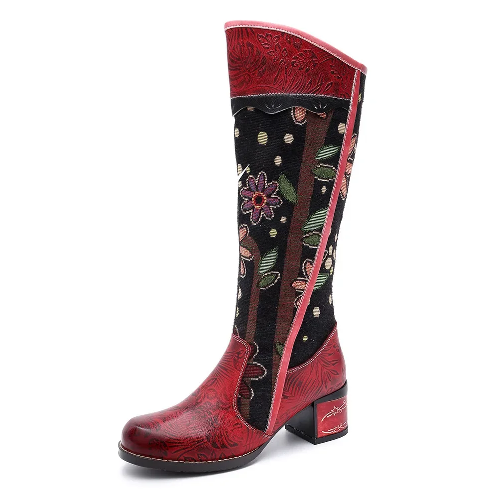 2024 Winter New Genuine Leather Patchwork Printed Thick Heel Comfortable High Heels Long Boots Zip Women Shoes