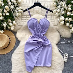 Sexy Sleeveless Vintage V-neck Chic Twisted Asymmetrical Pleated Slim Straps Short Dresses Evening High Street Autumn Clothing