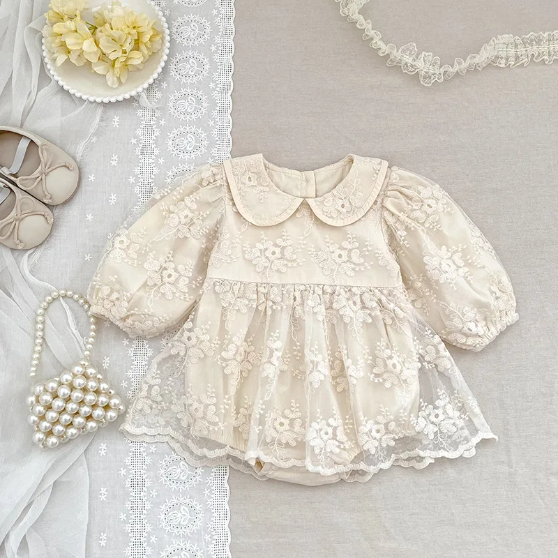 Princess Style Baby Girl Romper Spring Newborn Items Outfit with Skirt Crawling Suit Net Lace 1st Birthday Dress Babygrow
