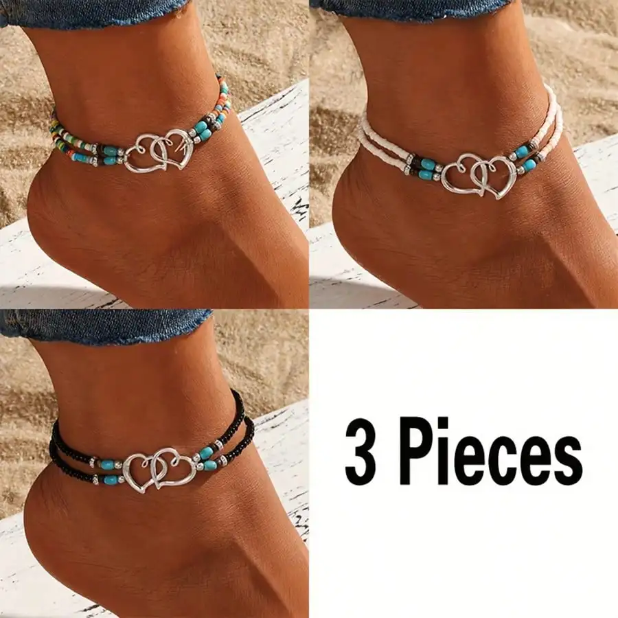 

3Pcs Multicolor Beaded Anklet Set Hollow Double Heart Charm Adjustable Elastic Boho Anklets For Women Delicate Seed Beads Foot Jewelry Daily Vacation Surf Accessories