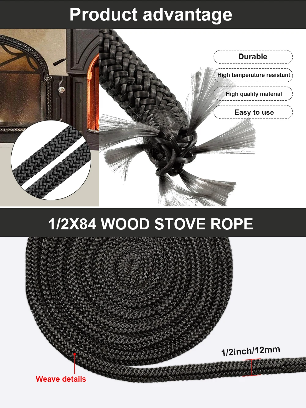 6/8/10/12mm StoveRope Fiberglass Fireplace Door Cord High Temperature Woodburner Black Gasket Cord Width 2m Length Sealing Rope