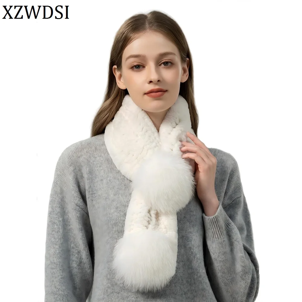 Factory Direct Wholesale Hot Selling Women's Rex Rabbit Fur Scarf in Solid White Fall Winter Collection with Fur Ball