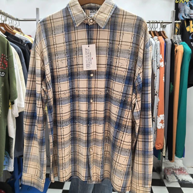 

Rhinestone Valley Plaid Long Sleeve Shirt Men Women Four Seasons Casual High Quality Loose Shirt Clothes Blouse