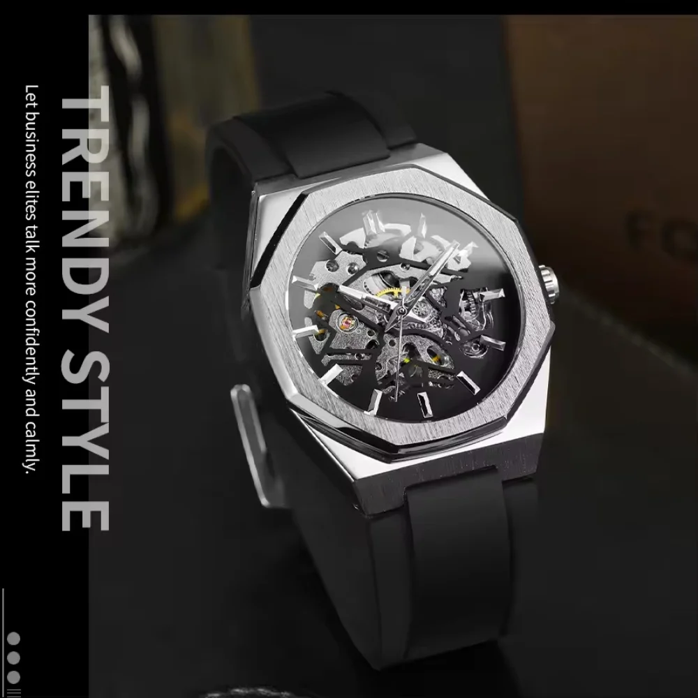 Luxury Brand Octagon Stainless Steel Skeleton Mechanical Man Watch Automatic Movement Clockwork Silicone Strap