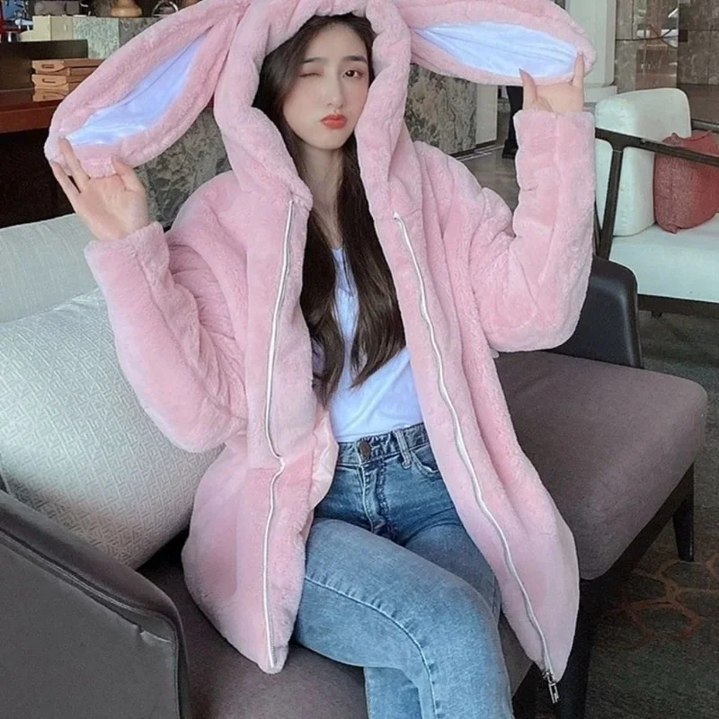 Hasen ohren imitieren Rex Kaninchen fell Plüsch Kunst pelz Mantel Frauen Kapuze dicke und warme Herbst und Winter Kawaii süße Jacke