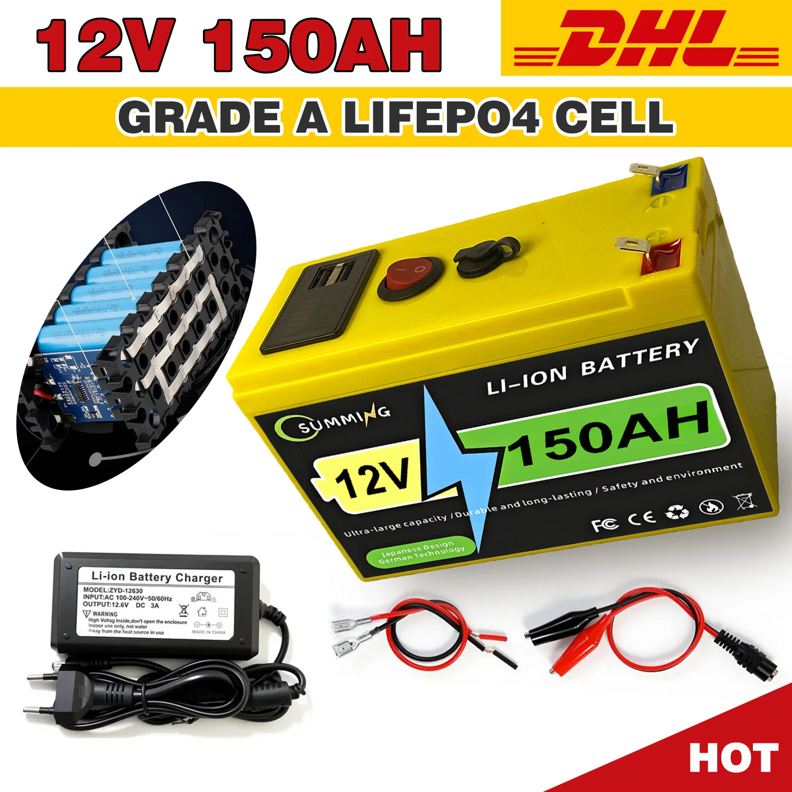 LiFePO4 Battery 12V 40Ah-150Ah Battery Pack Grade A Cells Campers Waterproof Golf Cart Battery Off-Road Off-grid Solar energy