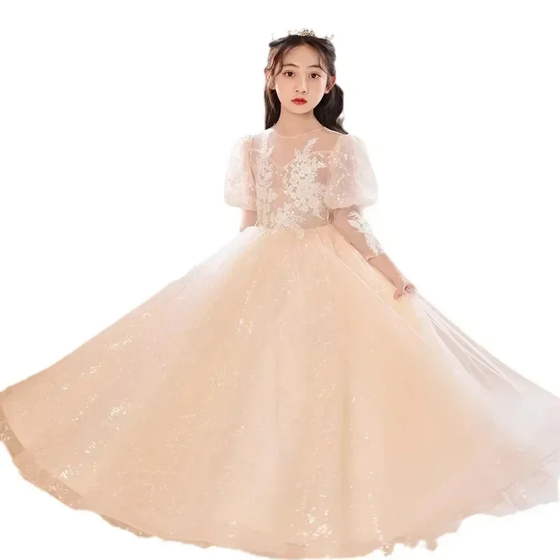 Flower Boy Wedding Little Girl Dress 2024 Nuovo compleanno per ragazza a maniche lunghe Abito da principessa Performance per bambini piccoli e