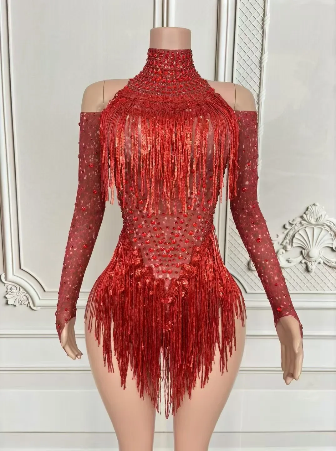 Nightclub Sexy Stage Wear Red Fringe Leotard Dancer Party Show Performance Host Costume Sparkly Sequins Tassel Crystal Bodysuit