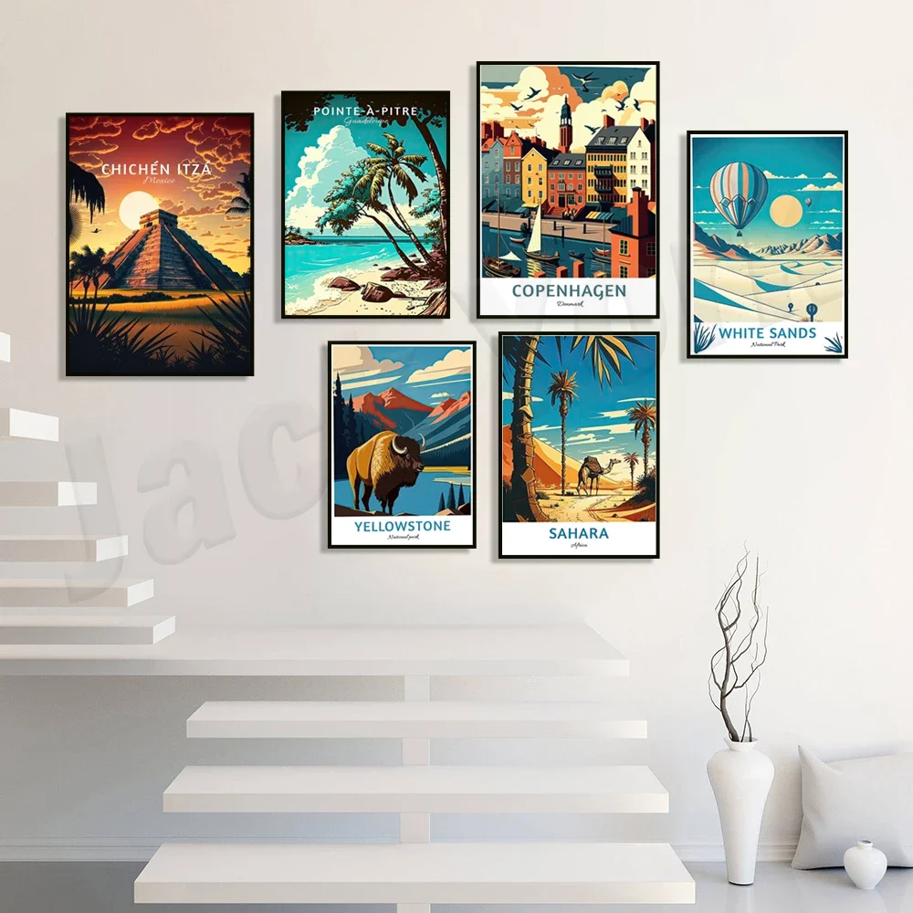 Sahara Desert, Quebec, Iceland, Greece, Copenhagen, White Sands National Park, Chichen Itza, Paris, Guadeloupe Travel Poster