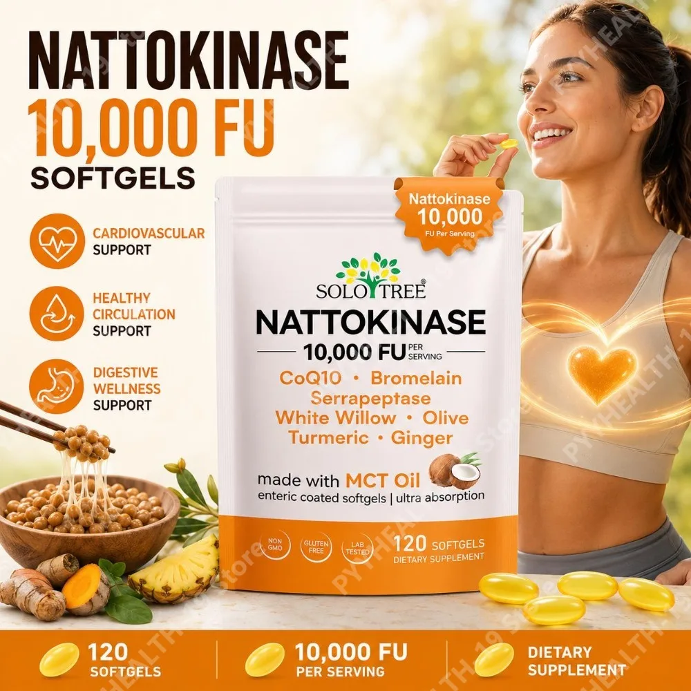 SOLO TREE Nattokinase Softgels 10000 FU CoQ10 Bromelain Serrapeptase For Cardiovascular & Circulation Support Adult 120 Count