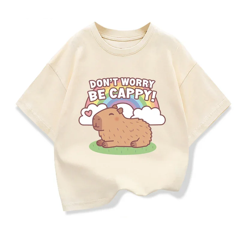 

Girls Cotton T-shirt Capybara Kids Clothing Tees Summer Printed Cartoon Short Sleeve T-shirt Children Basic Loose O-neck Tops