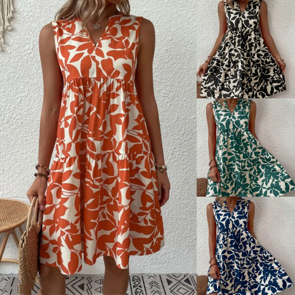 

2026 Bohemia Leaf Print V Neck Tiered Dress Sleeveless Loose Fit Casual Summer Beach Midi Dress for Woman Clothes ﻿