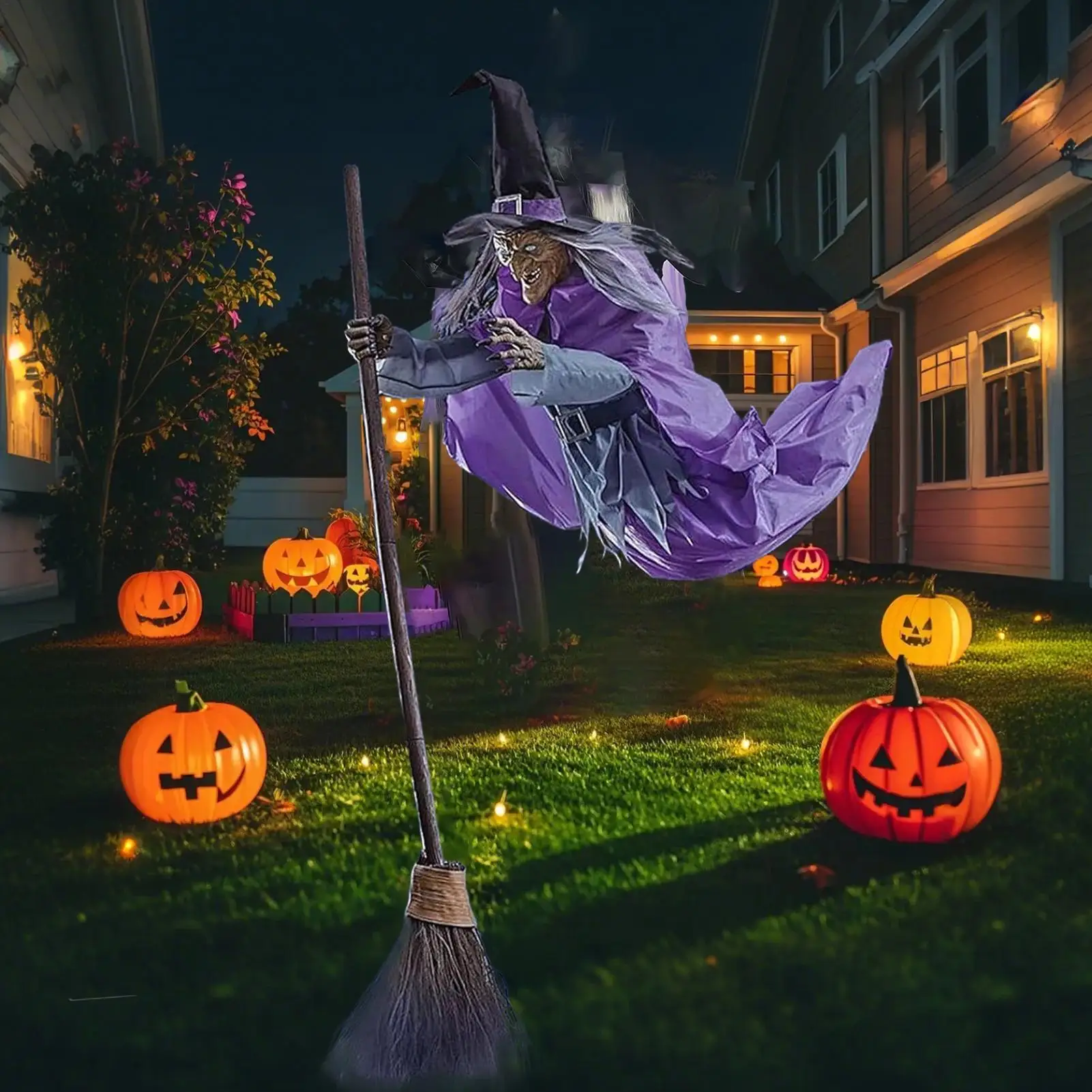 170cm Halloween Flying Witch Decor Halloween Animatronic Witch on Broom with Light-up Eyes and Scary Sound for Yard House Decor view 3