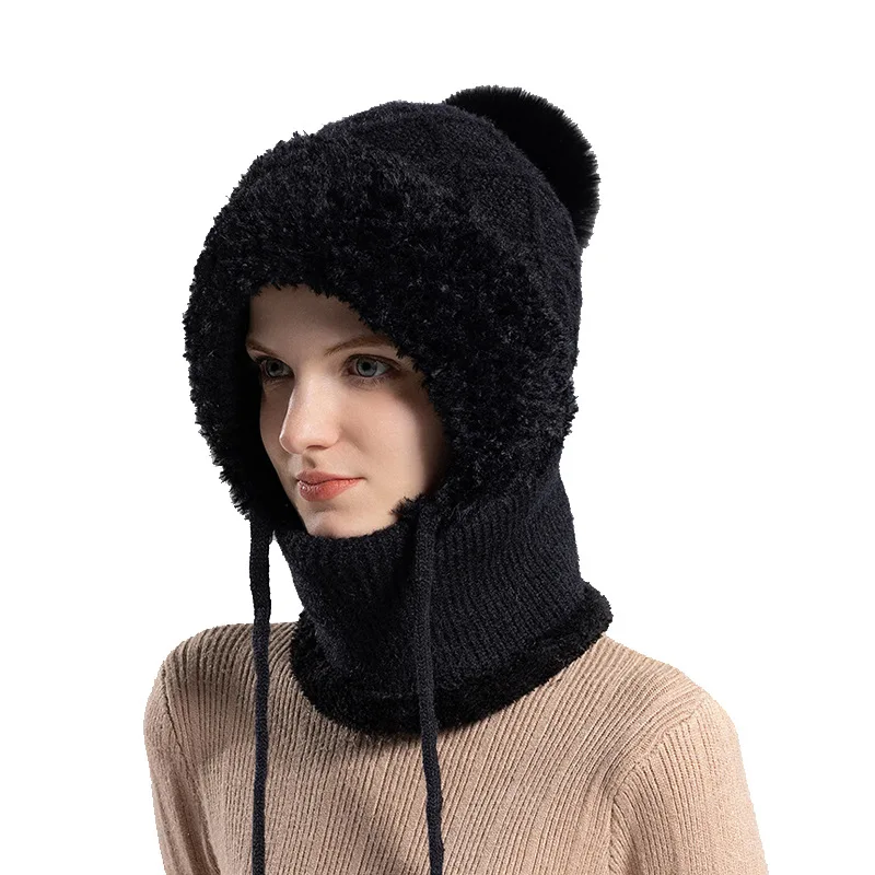 Cross-border winter fleece knitted beanie women's ear protection hat mask neck scarf integrated warm pullover hat