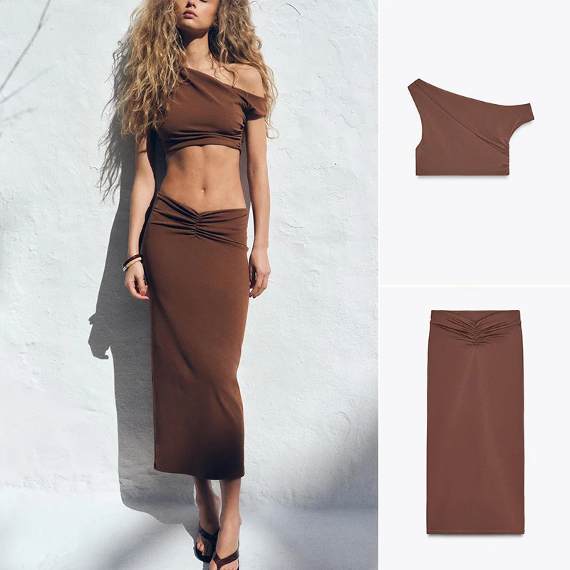 

Asymmetric Design ort Top High Waist Straight Cut Pleated Texture Midi Skirt Two Piece Set Summer Faion Women's Clothing