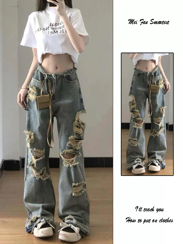 

American High Street Wide Leg Denim Jeans Women Summer New Loose High Waist Straight Long Trousers