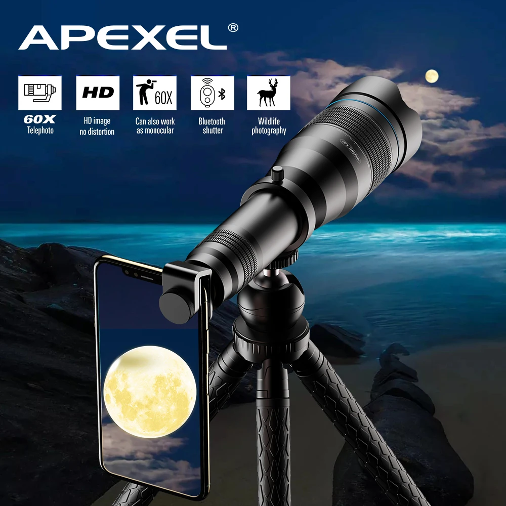 

Телескоп APEXEL HD 60x с объективом + мини-Трипод 60X, Монокуляр для iPhone, Xiaomi, других смартфонов, путешествий, охоты, туризма