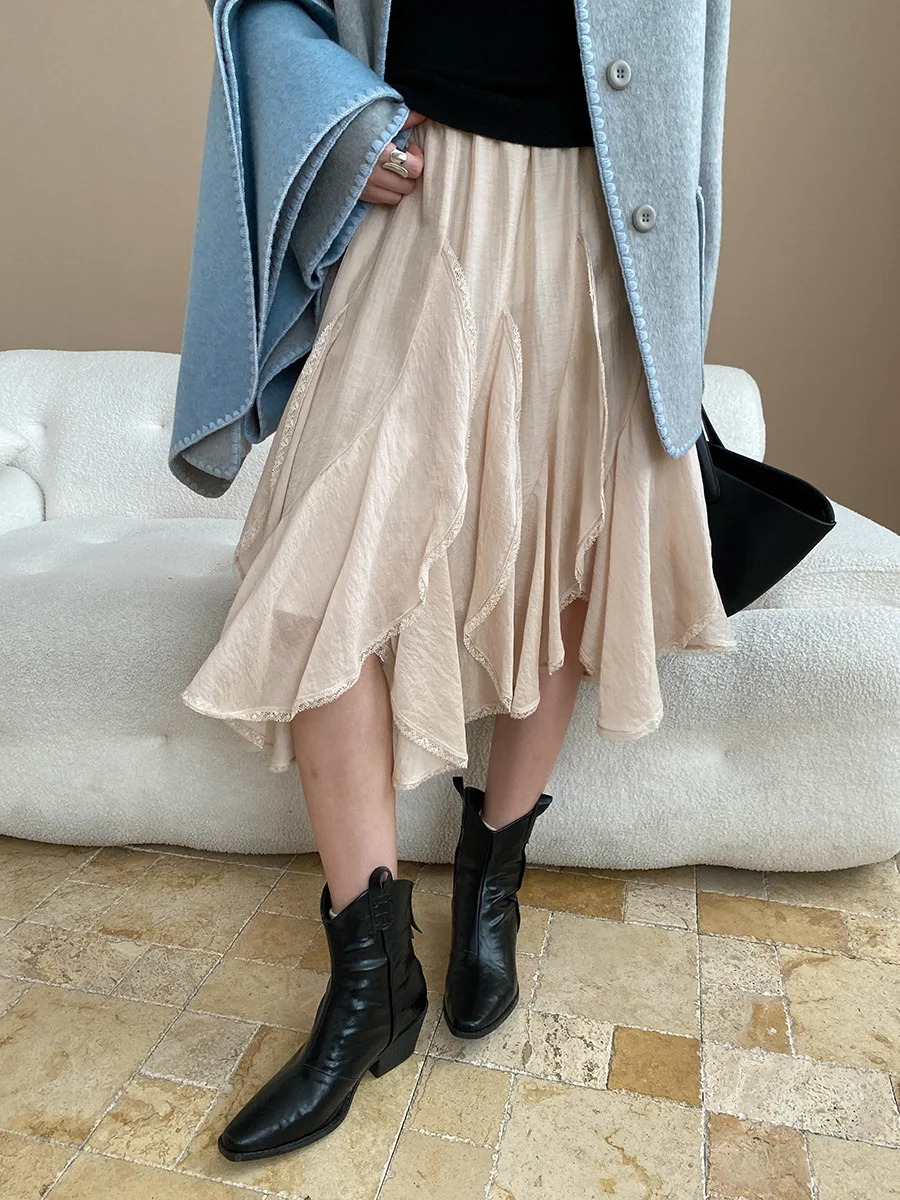 

Female high waisted elastic waisted irregular lace patchwork skirt