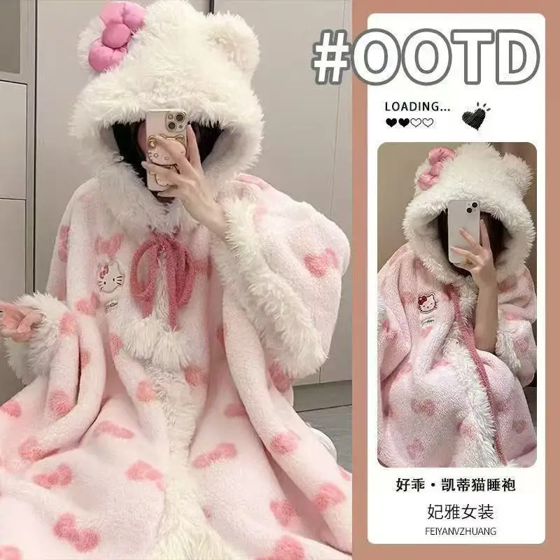 Miniso Kawaii Hellokitty أفخم الجلباب الفتيات لطيف سانريو أنيمي Y2K منامة مقنعين بطانية عادية الصوف ملابس خاصة النساء الملابس