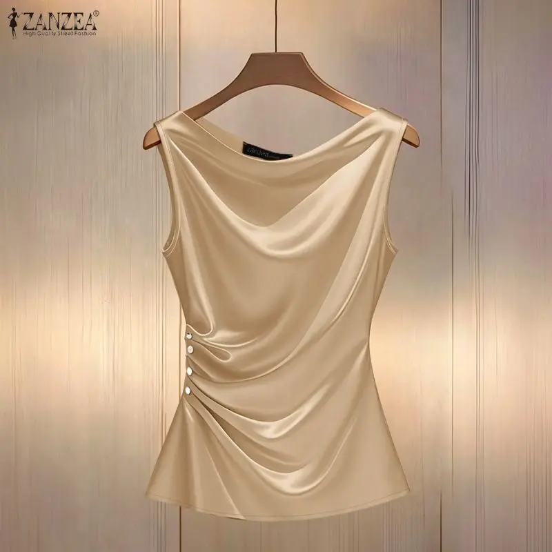 ZANZEA Summer Elegant Sleeveless Tanks Tops Stylish Satin Blouse Women Knotted Desgin Chic Tunic Casual O Neck Solid Work Shirt
