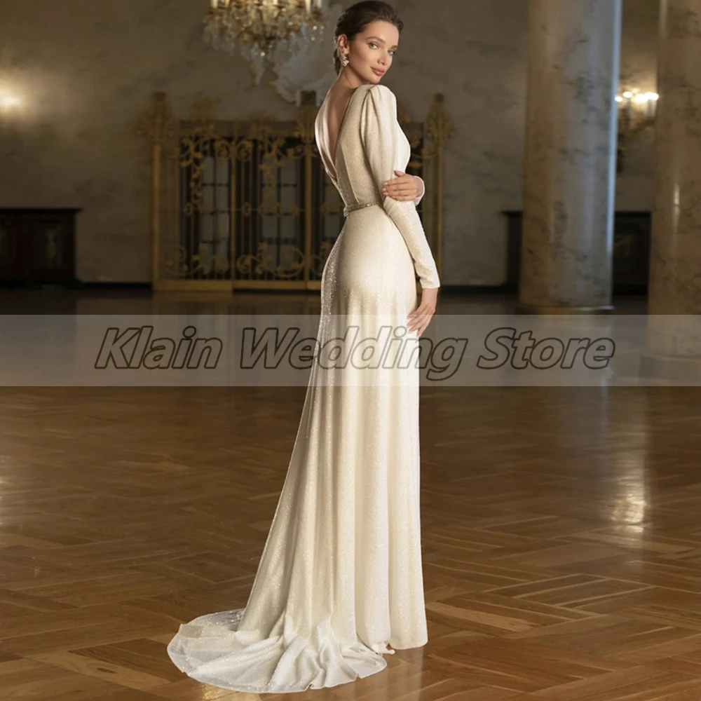 Customized Weilinsha Modern Sparkly A Line Deep V Neck Wedding Dress Tulle Long Sleeve Dresses For Bride Court Train Open Back C