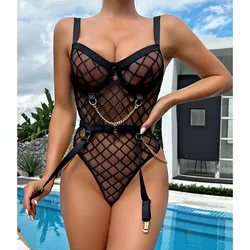 Bodysuit Tight fitting deep V-strap with see through grid pattern anal fetish sexy hot underwear women sexy lingеrie set xxx