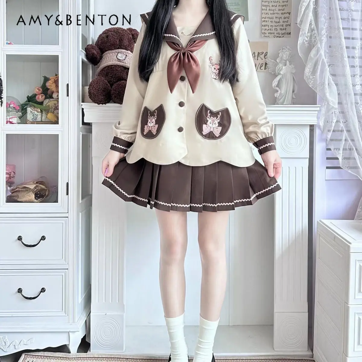 

2026 Spring Summer New Japanese Style Sweet Cute Deer Embroidery Short/Long Sleeve Top Brown Pleated Skirt JK Uniform Set