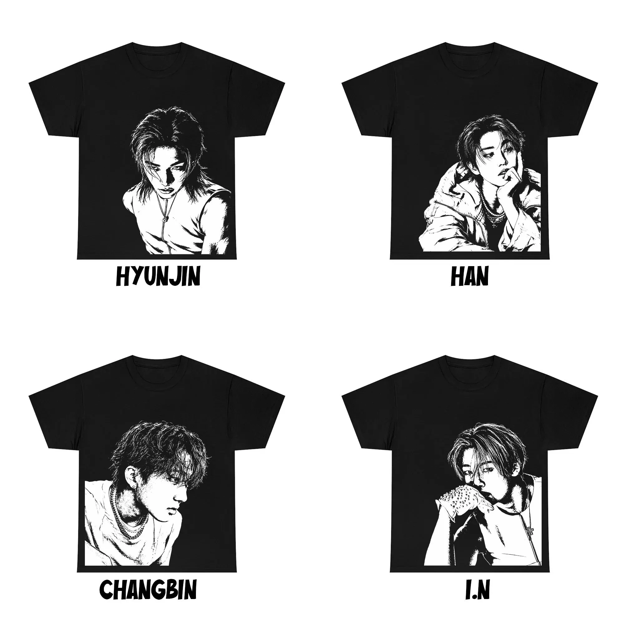 Stray Kids Member Portrait Sketch T Shirt Kpop Bang Chan Lee Know Felix Seungmin Unisex Oversized Short Sleeve Tee Fans Merch