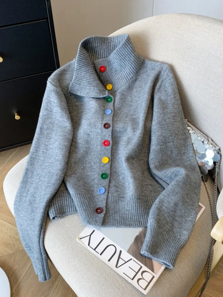 Sweet Sle Thiened Knitted High Collar Open Cardigan Sweater Women's Loose Fit Autumn Winter Warm Top Button Design