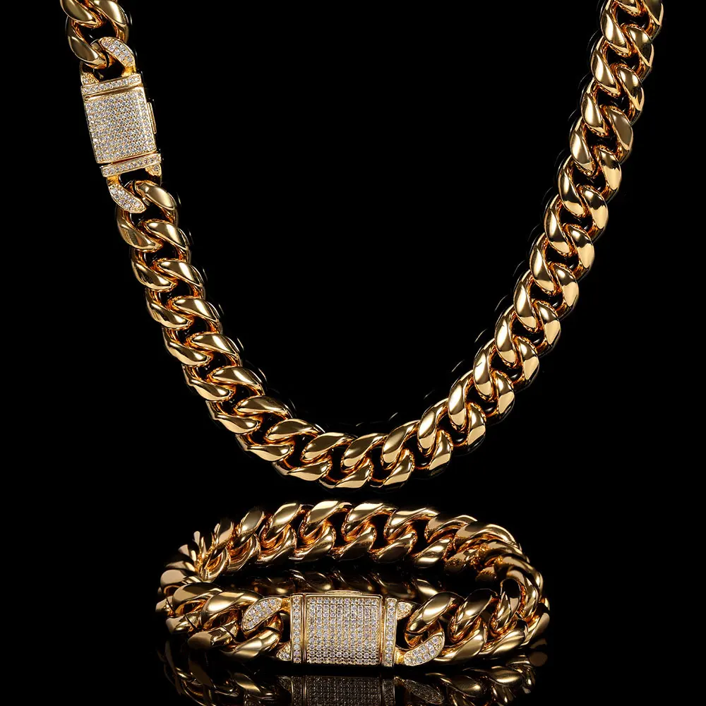 Cadena de eslabones cubanos de Miami, collar de acero inoxidable sólido chapado en oro de 18 quilates de 12mm con cierre de diamante CZ, joyería de