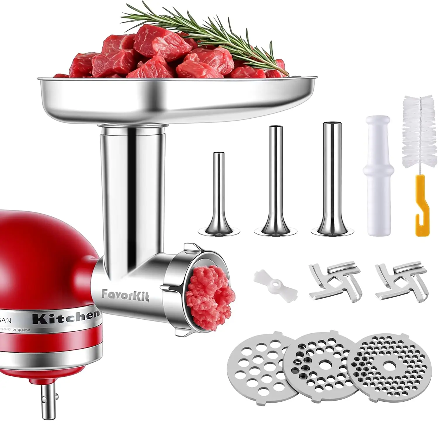 

Stainless Steel Food Grinder Attachment for KitchenAid Mixers, Dishwasher Safe Meat Processor with 3 Sausage Tubes