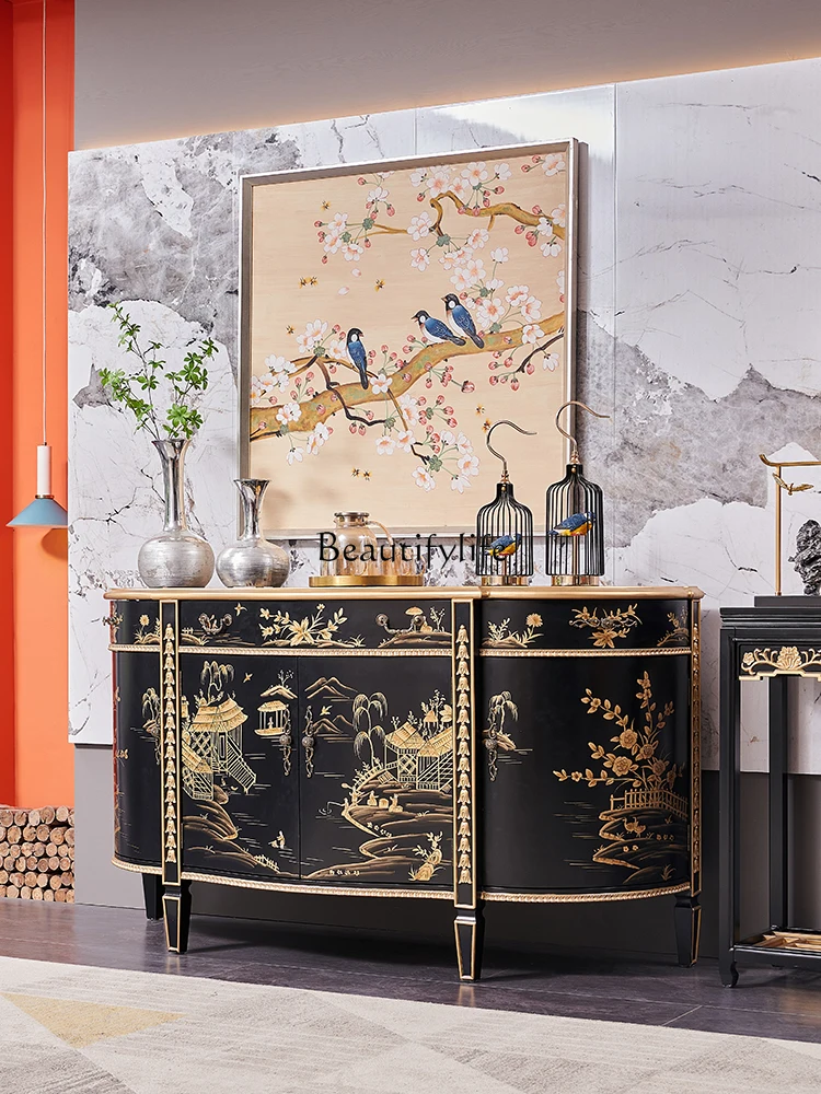 New Chinese Style European-Style Retro Solid Wood Hand-Painted Black Gold Semi-round Hallway Curio Cabinet