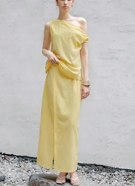 

2025 Summer New Women's Fashion Casual Solid Color Slanted Shoulder Sleeveless Top Straight Tube Skirt Set Women's Clothing