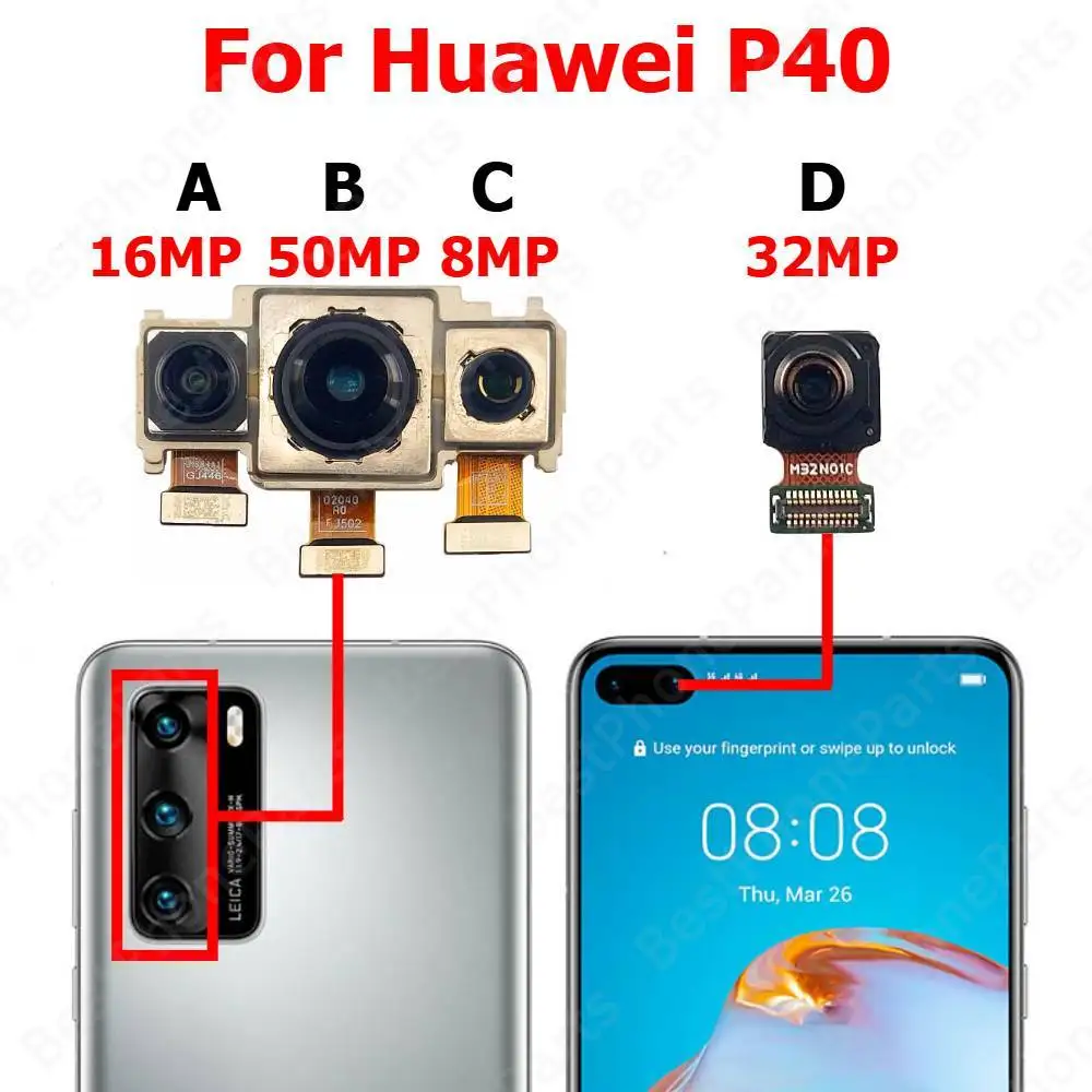 

Камера для Huawei P40, задняя часть спереди, передняя часть, задняя камера для селфи, модуль, запасные части для мобильного телефона