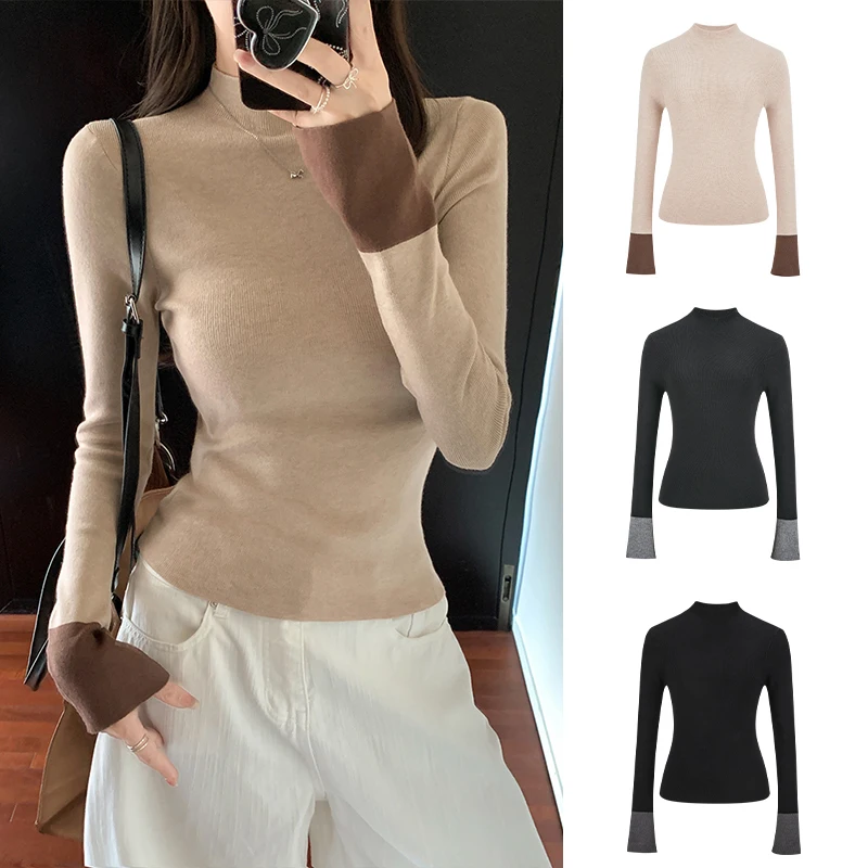 컬러 블록 니트 롱 스웨터 하이 칼라 베이스 티셔츠 여성 패션 가을 겨울 빈티지 슬리브 이너웨어 티셔츠