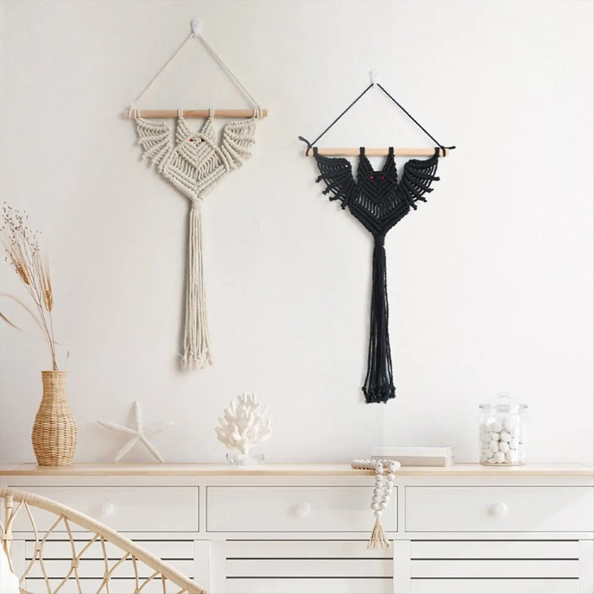 L! DT898^Halloween Bat Macrame Wall Hanging Geometric Art Decor Handmade Woven Gothic Ornament for Bedroom Black