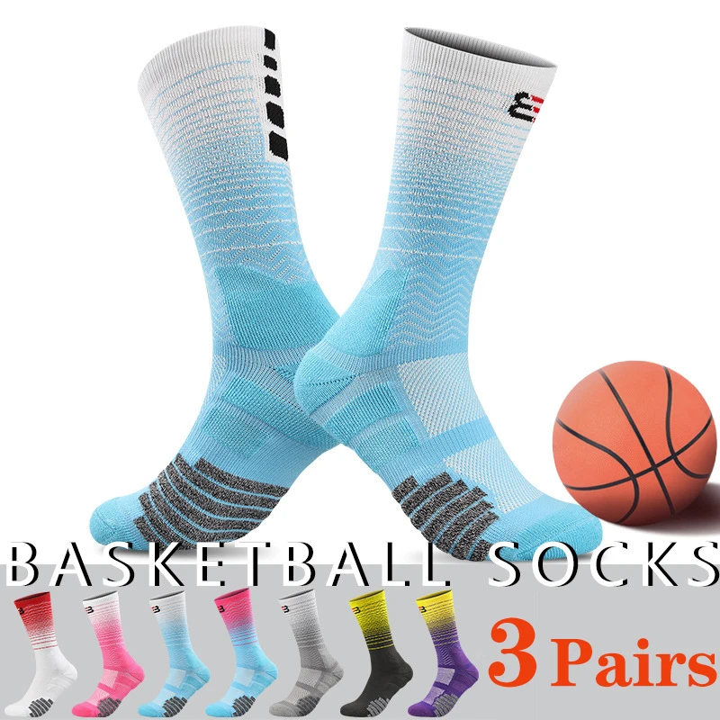 3 Pairs Basketball Socks Men Gradient Crew Running Socks Mid Tube Thick Towel Breathable Training Soccer Football Sports Socks