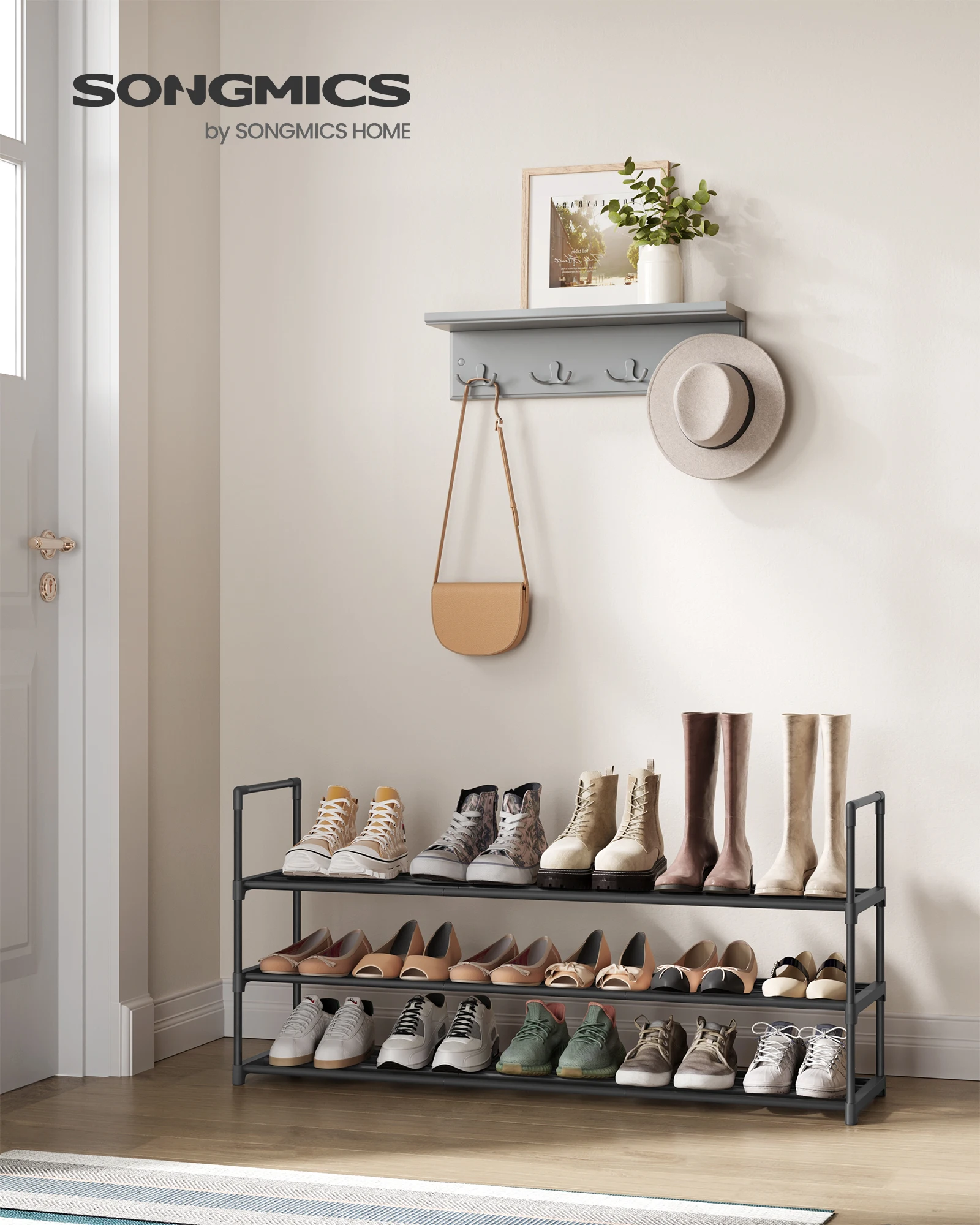 SONGMICS Shoe Rack, 3 Tier Shoe Organizer, Metal Shoe Storage Shelf for 18 Pairs of Shoes, Easy to Assemble, Entryway image 2